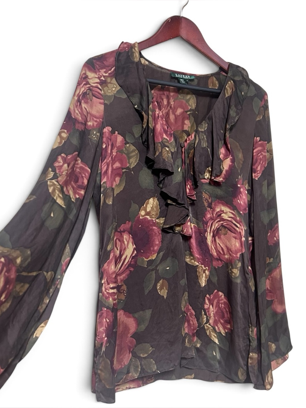 Lauren Ralph Lauren brown silk blouse large  floral design flare sleeves ruffles